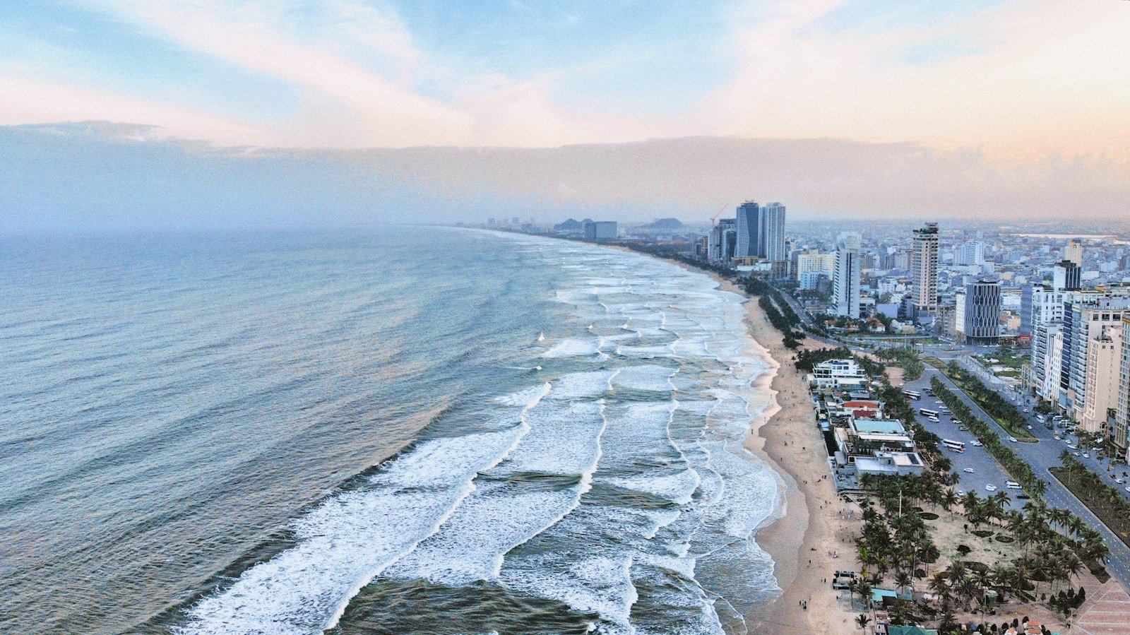 Aerial view of a beach and the city of Da Nang