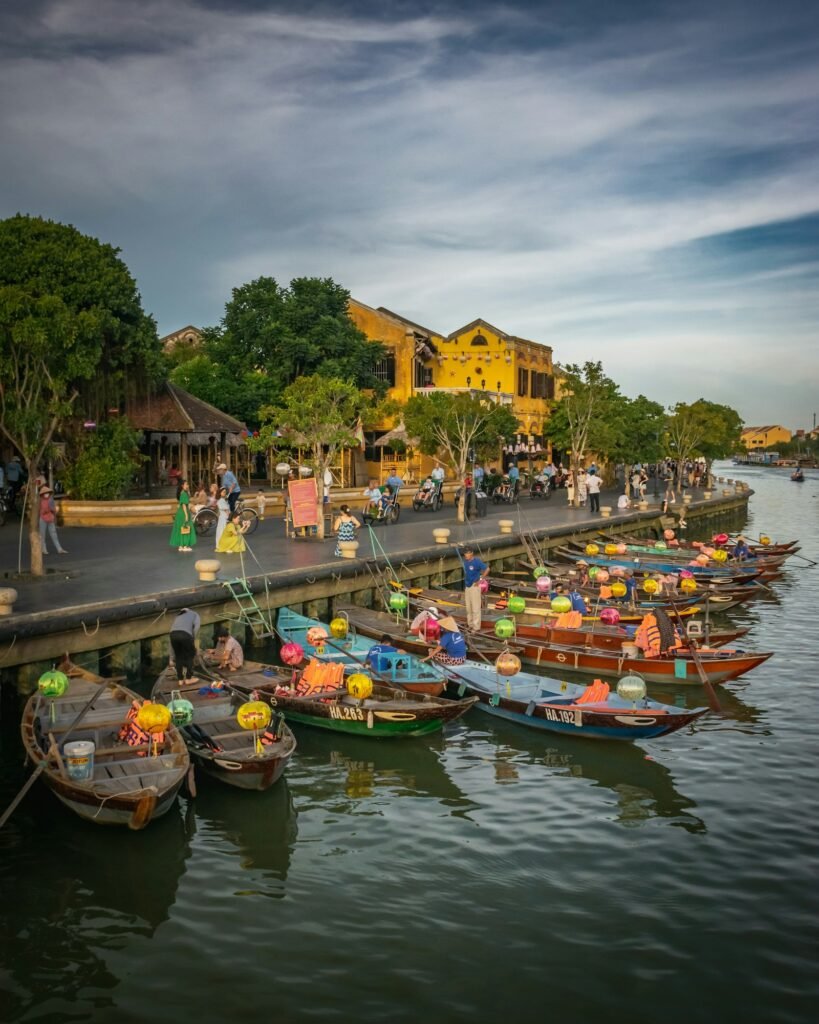 Boats moored along the river in Hoi An