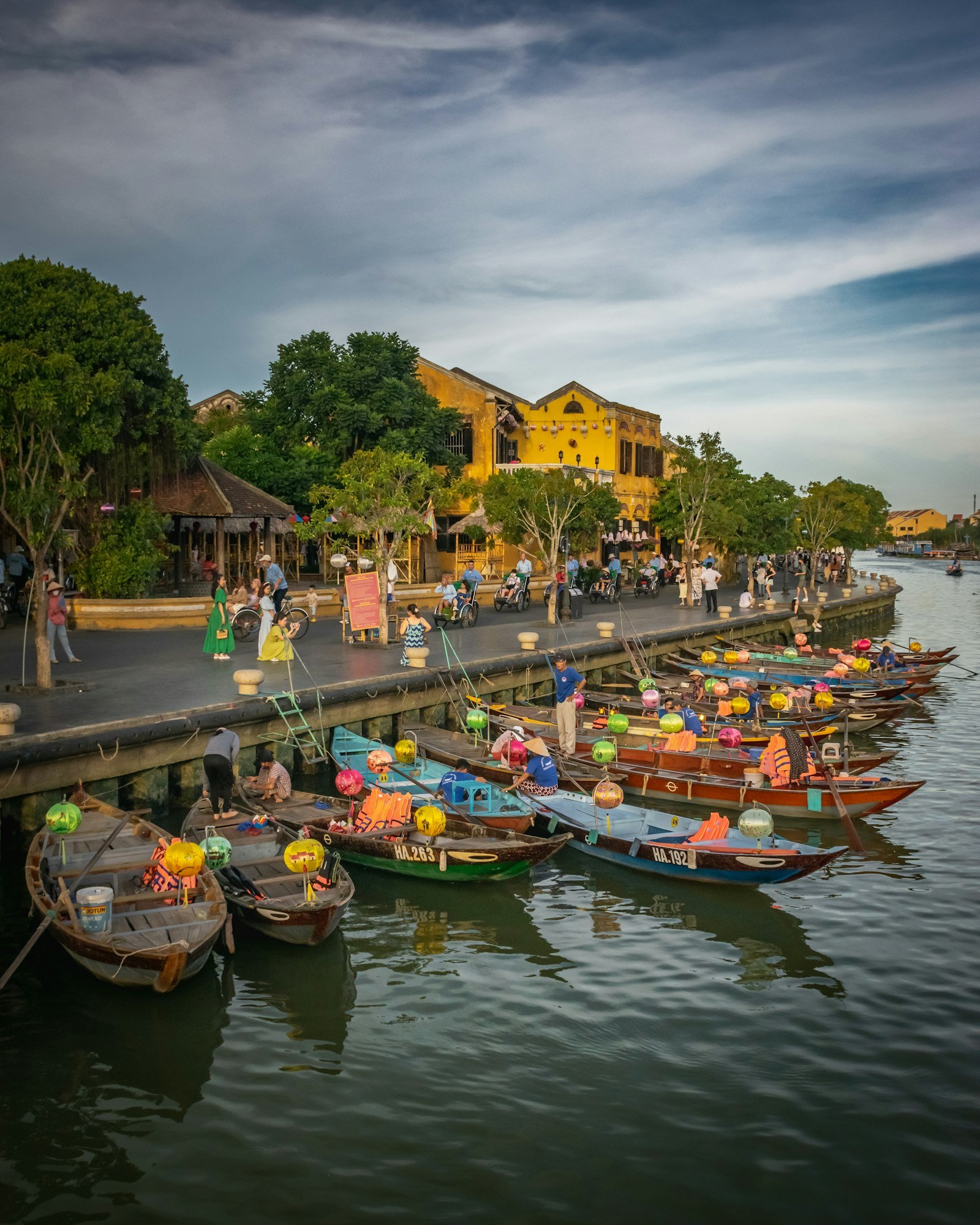Boats moored along the river in Hoi An